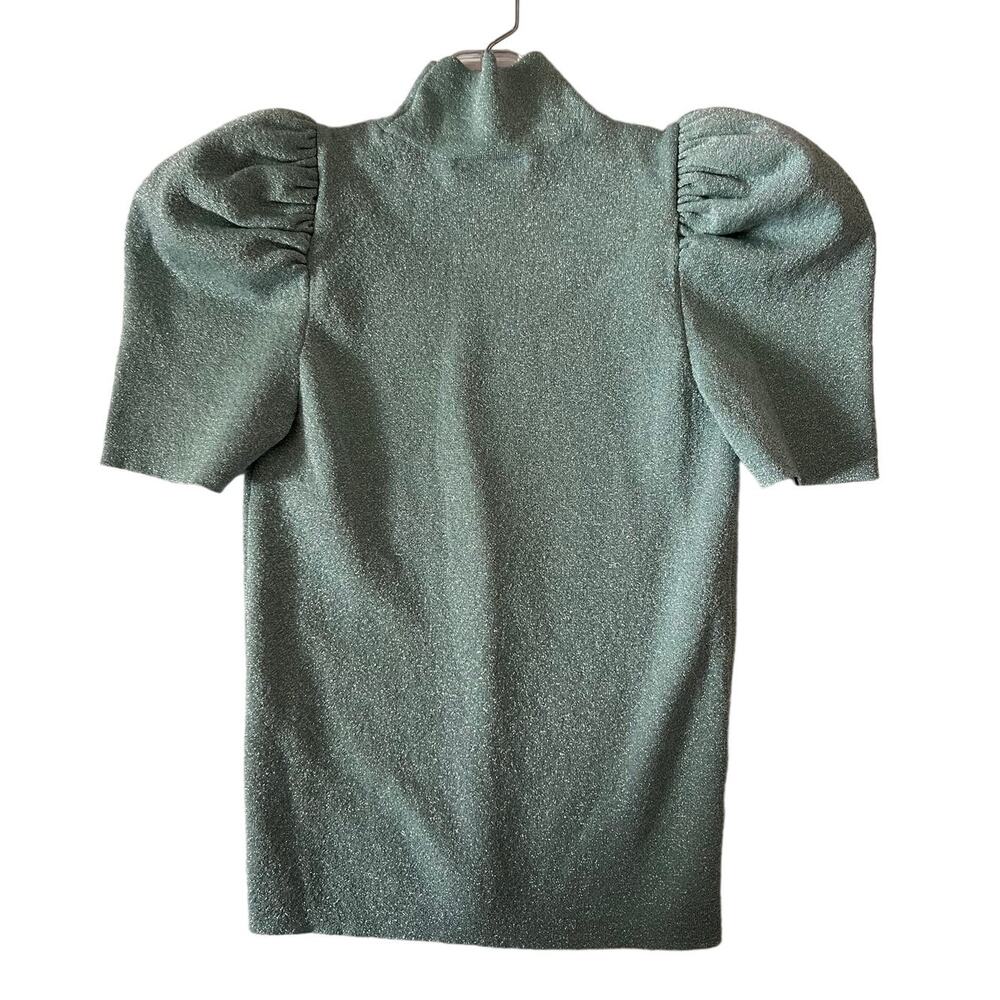 Alice + Olivia Metallic Sage Green Puff-Sleeve Turtleneck Sweater - Picture 2 of 4